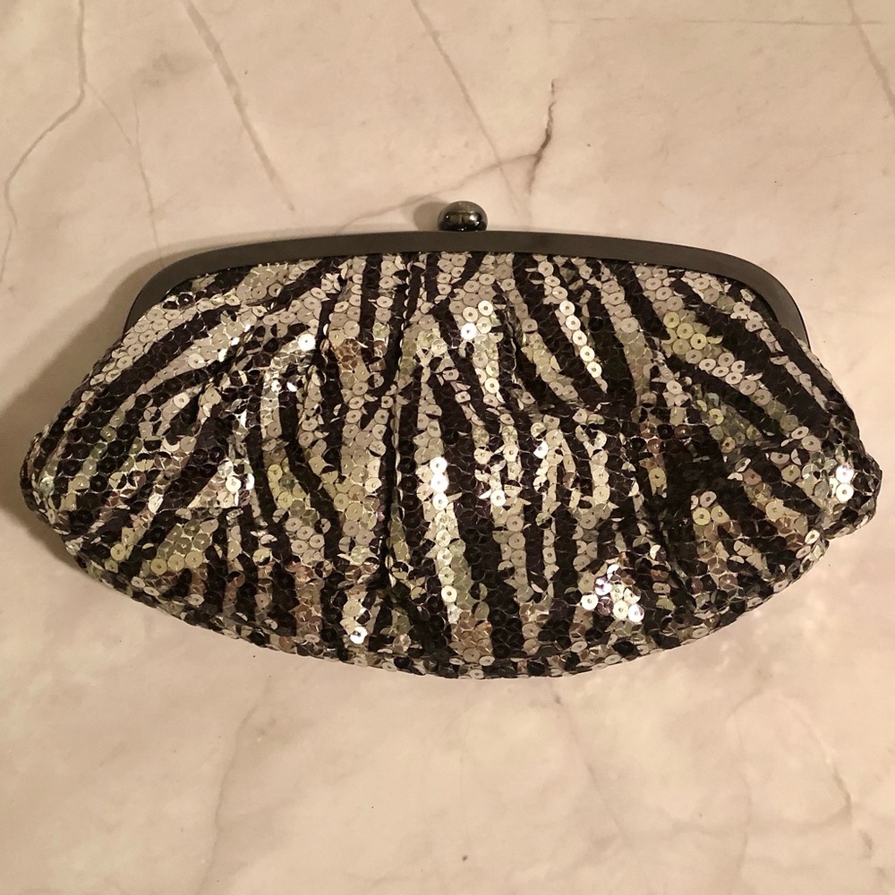 Jessica McClintock Zebra Sequin Evening Clutch with Crossbody Chain